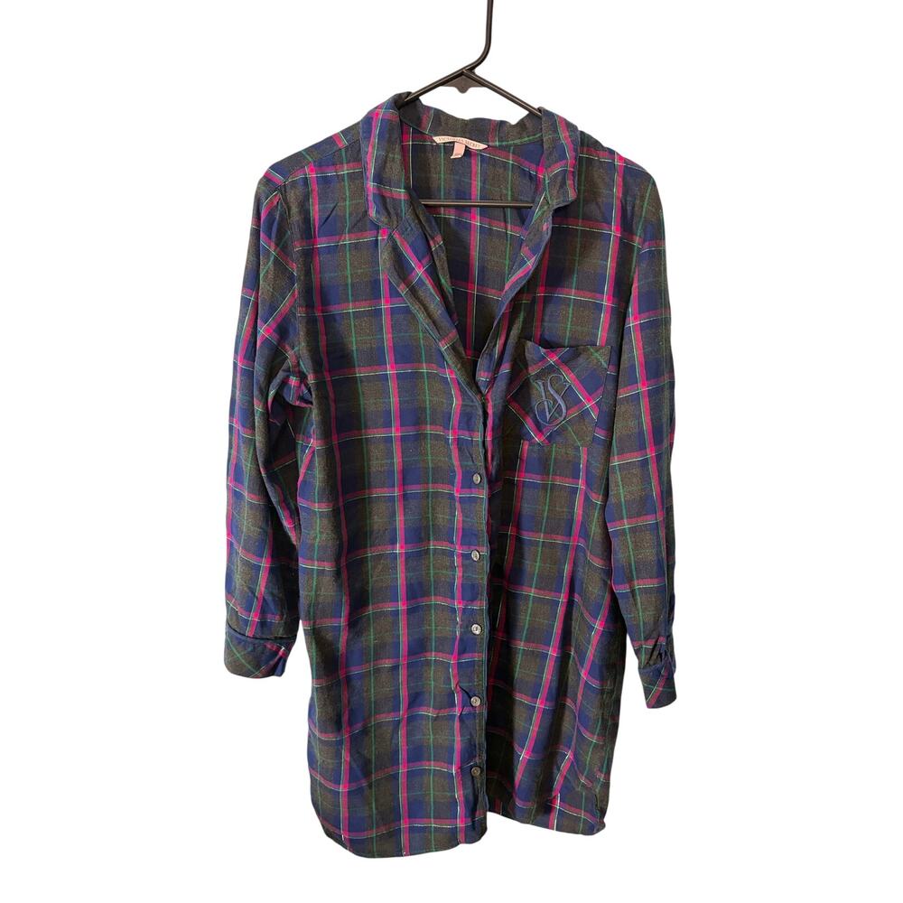 Victoria's Secret Flannel Shirt Nightgown VS Logo Pocket S Lounge Wear Cozy